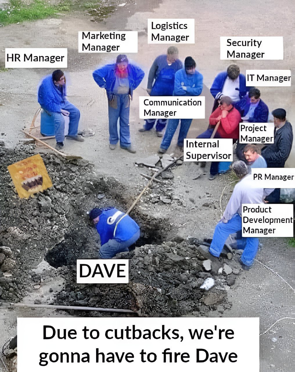 Dave is digging a hole; a number of other people with various labelled job roles are stood around him. The main caption reads ‘due to cutbacks, we’re going to have to fire Dave’
